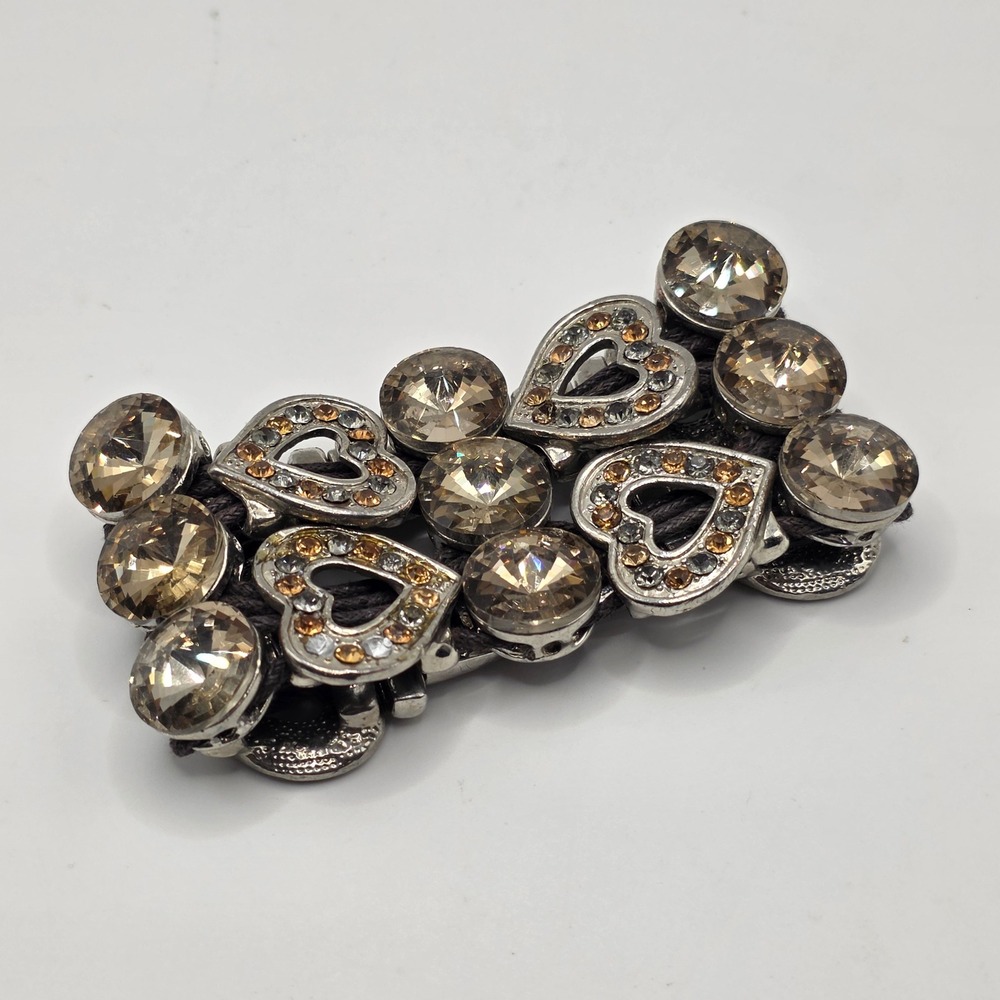 Silver Tone Smoky Champagne Crystal Heart Multi Strand Statement Bracelet 7in